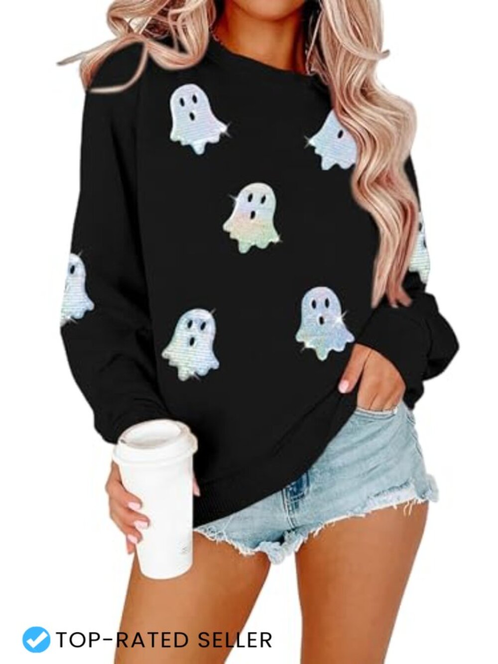 Women's Sequin Ghost Graphic Pullover Sweatshirt - Long Sleeve Crew Neck